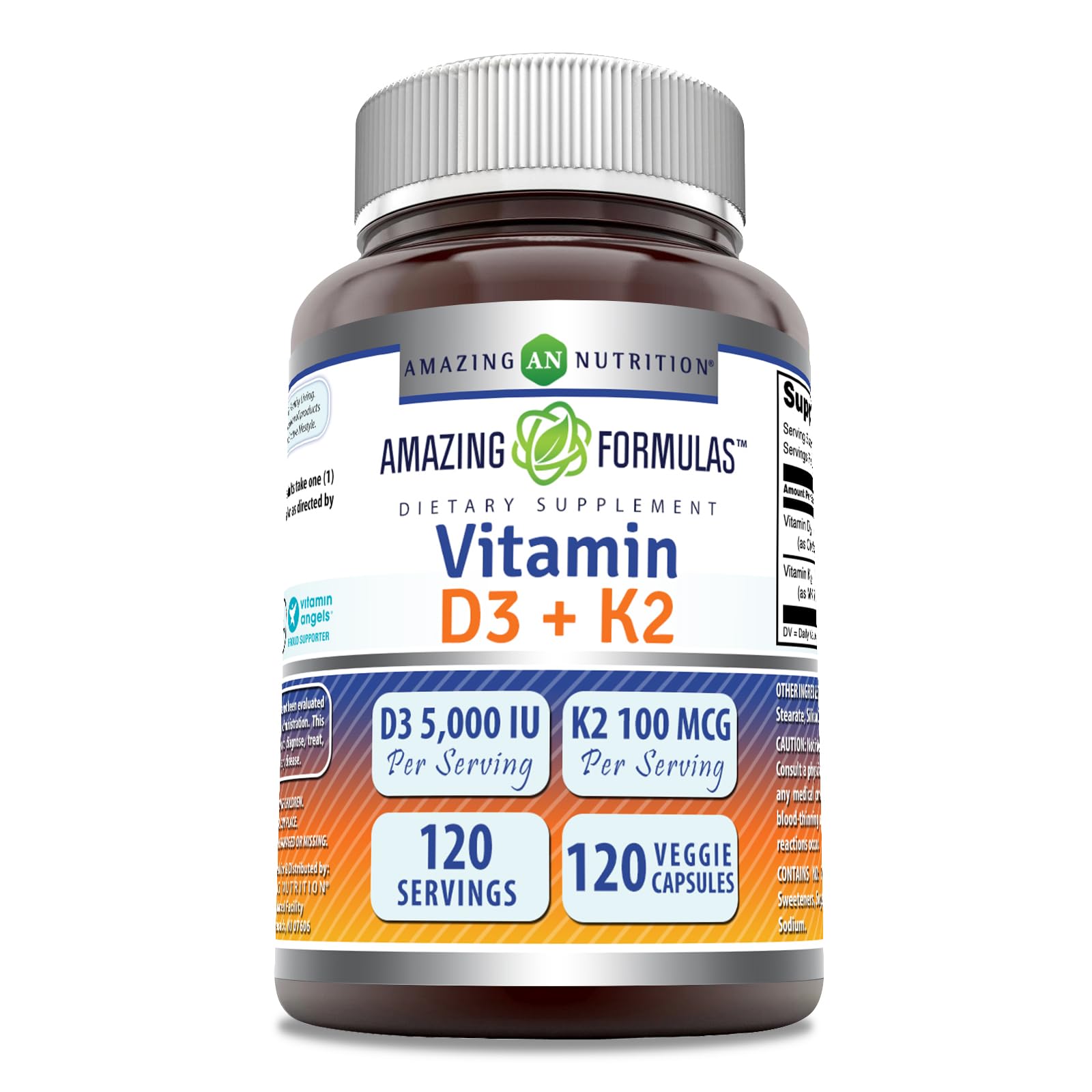 Amazing Nutrition Vitamine D3-K2, bouteille montrant les capsules végétales, soutien potentiel des os.