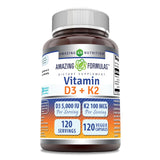Amazing Nutrition Vitamine D3-K2, bouteille montrant les capsules végétales, soutien potentiel des os.