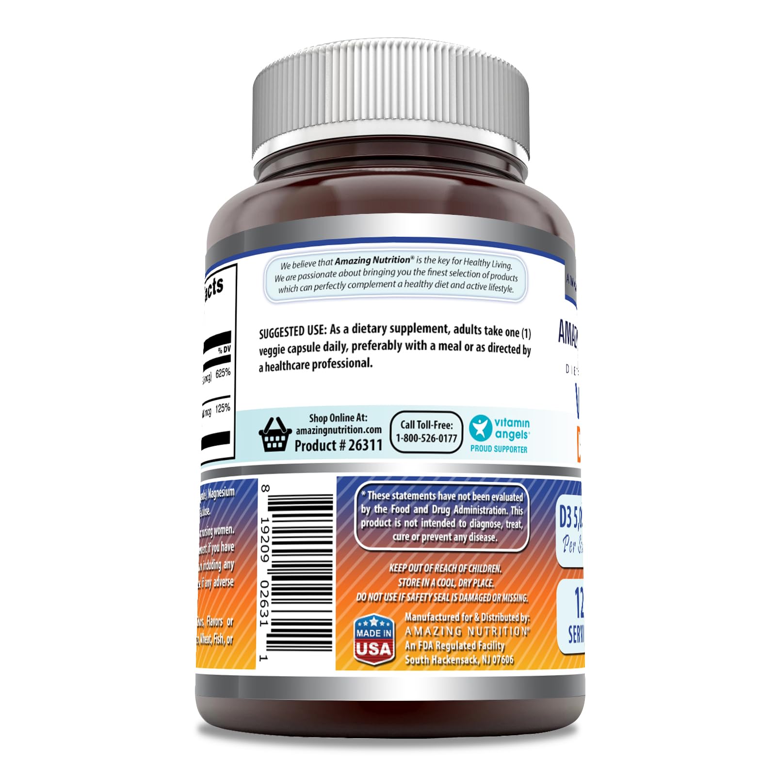 Amazing Nutrition Vitamine D3-K2, étiquette claire, sans OGM et sans gluten.