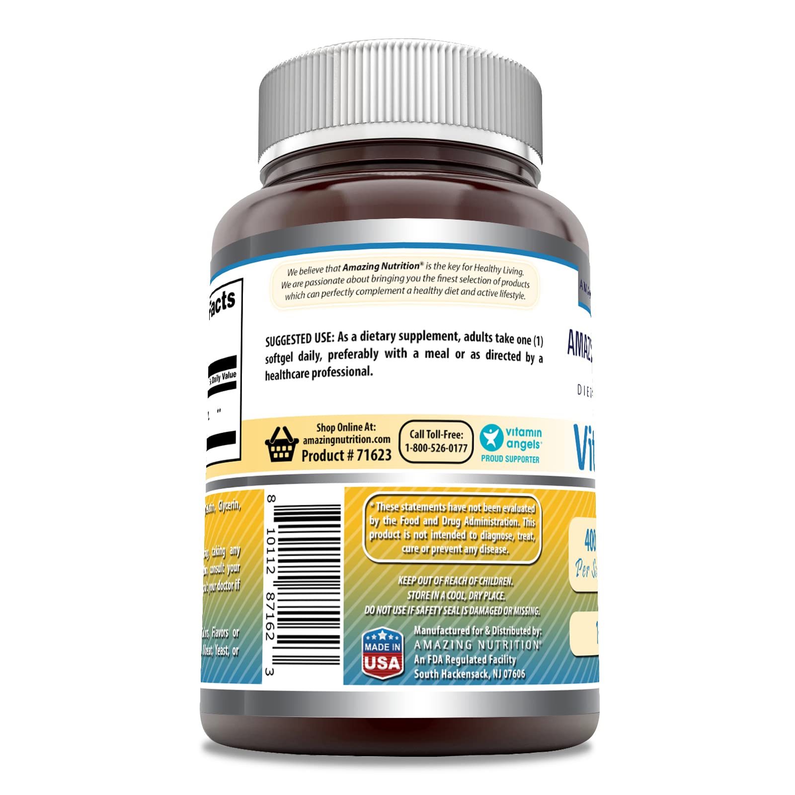 Amazing Nutrition vitamine E 400 UI – étiquette et emballage reflétant non-OGM et sans gluten