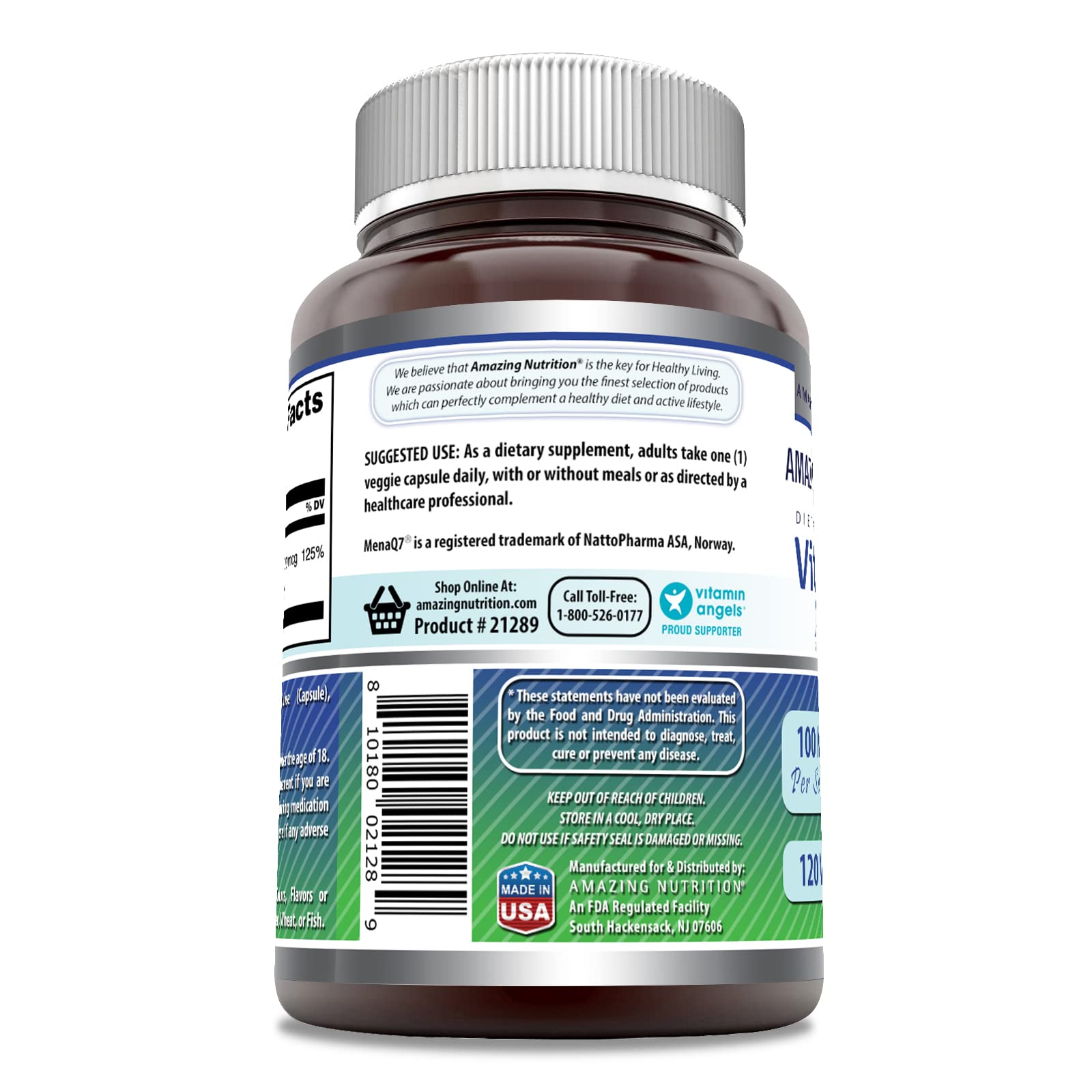 Amazing Nutrition K2 MenaQ7, bouteille 120 capsules pour routine prolongée
