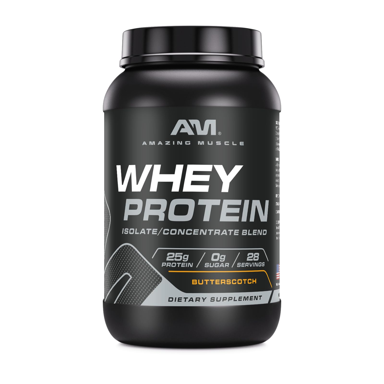 Amazing Nutrition whey isolate butterscotch : bouteille montrant la source rapide de protéines.