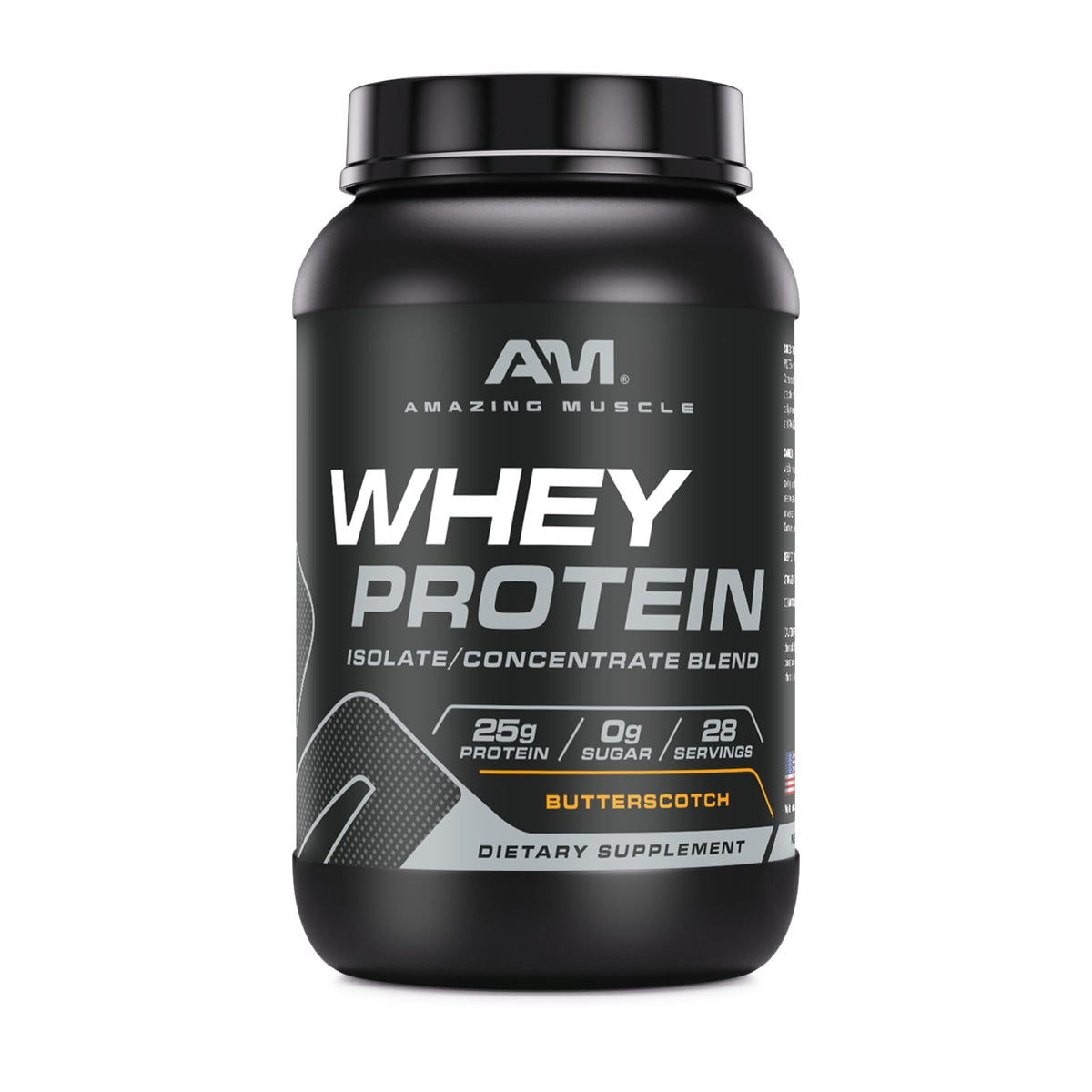 Amazing Nutrition whey isolate butterscotch : bouteille montrant la source rapide de protéines.
