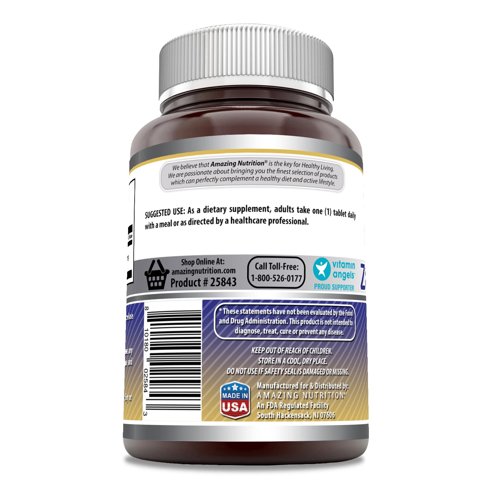 Amazing Nutrition Zinc gluconate 50 mg – étiquette claire facilitant la traçabilité.