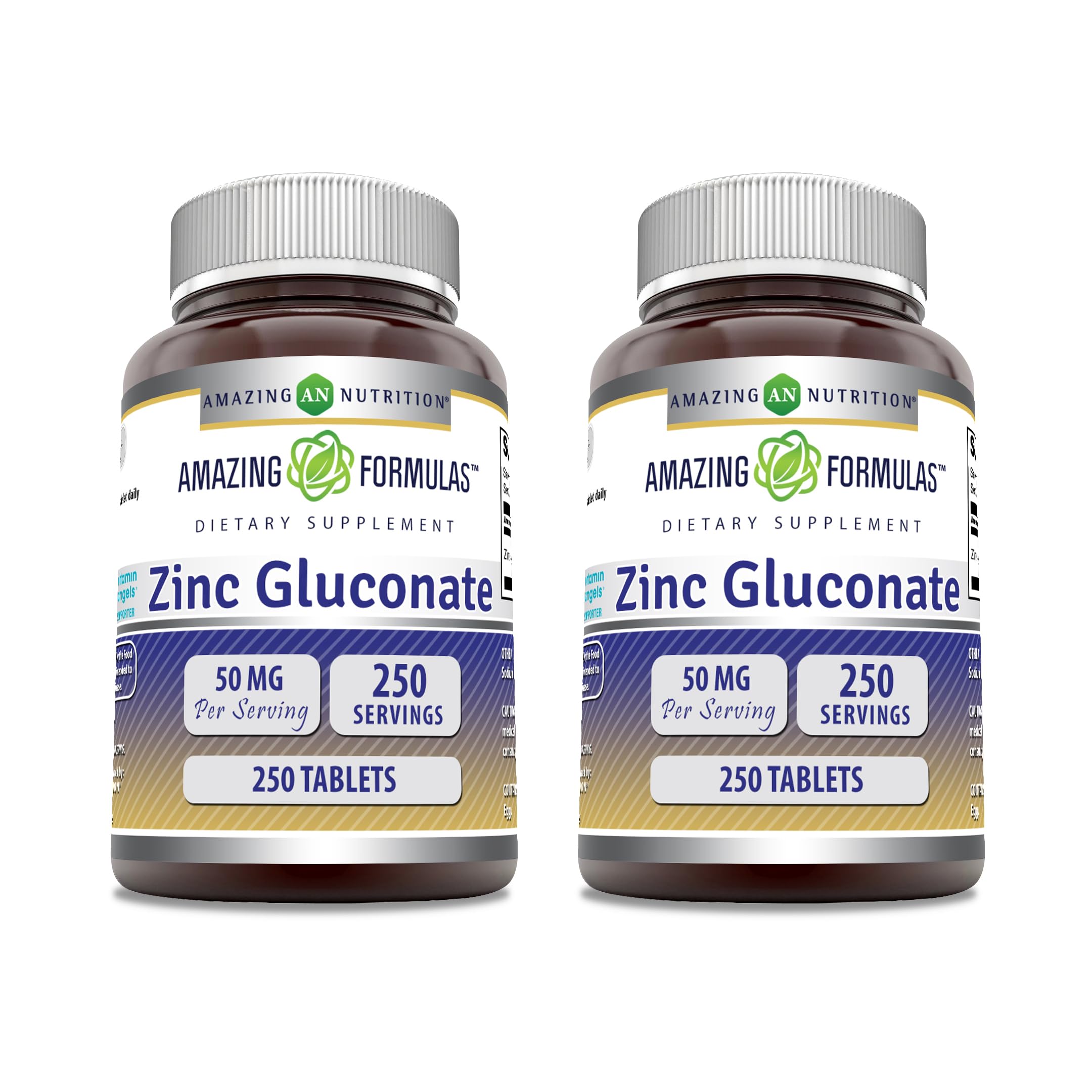 Tablettes zinc gluconate Amazing Nutrition, 50 mg par portion, faciles à avaler.