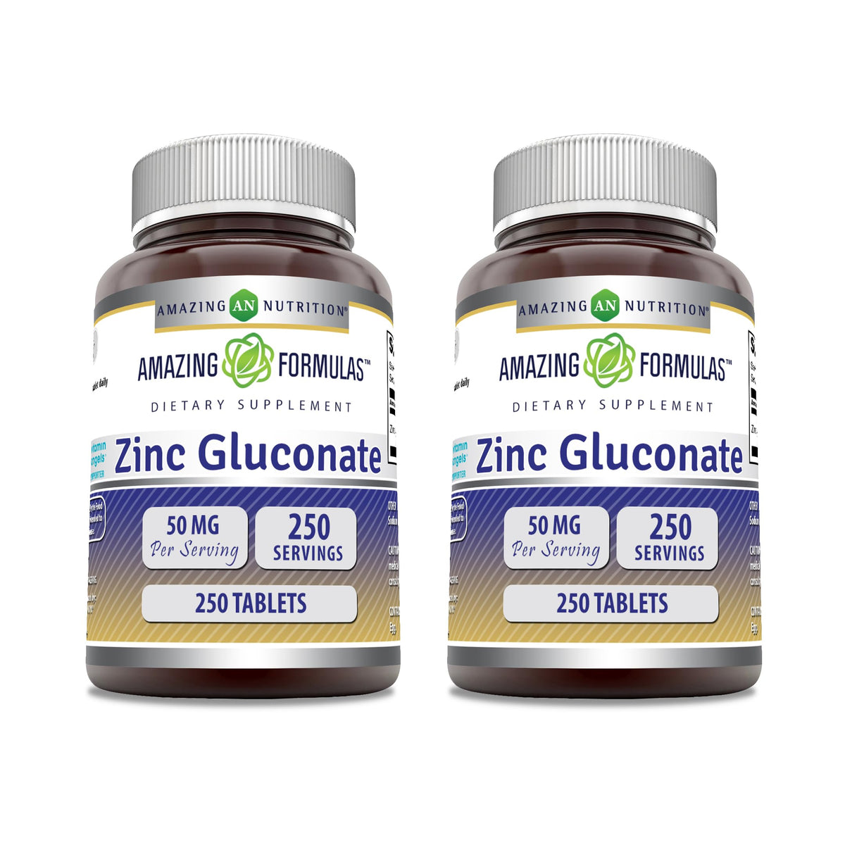 Tablettes zinc gluconate Amazing Nutrition, 50 mg par portion, faciles à avaler.