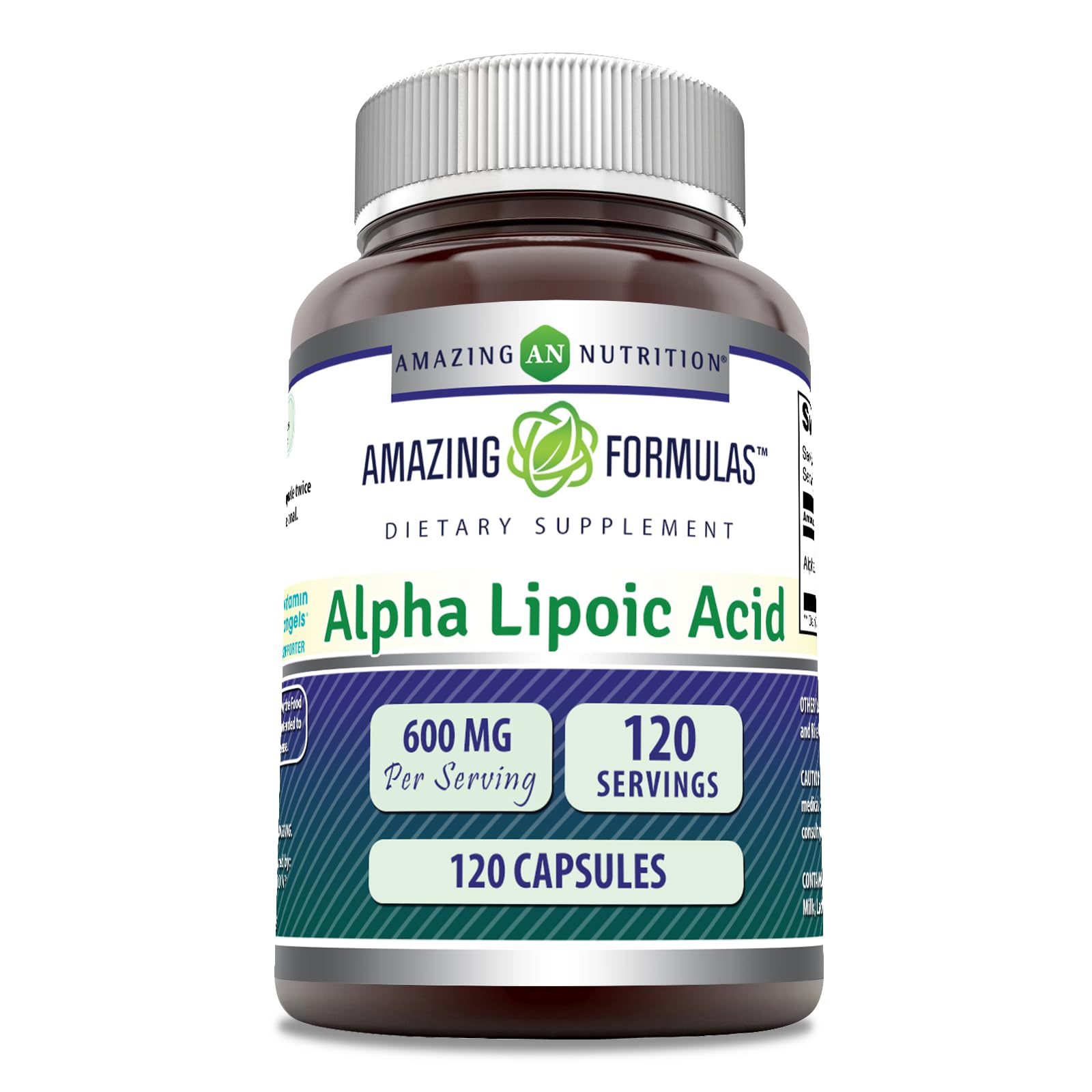 Gélules Amazing Formulas Alpha-Lipoïque 600 mg, bouteille pratique pour usage quotidien.