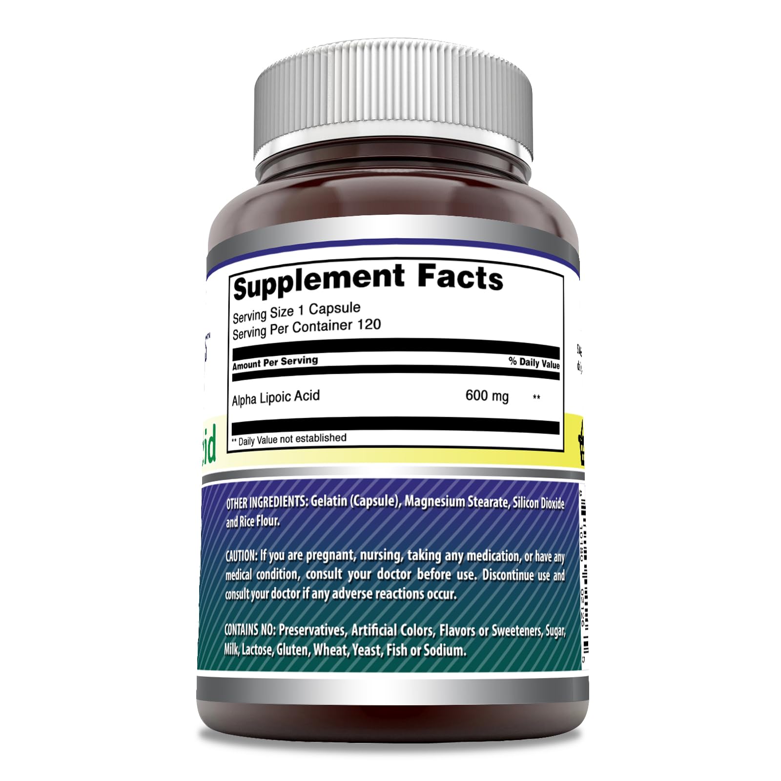 Étiquette indiquant sans OGM et sans gluten pour les gélules Alpha-lipoïque Amazing Formulas.