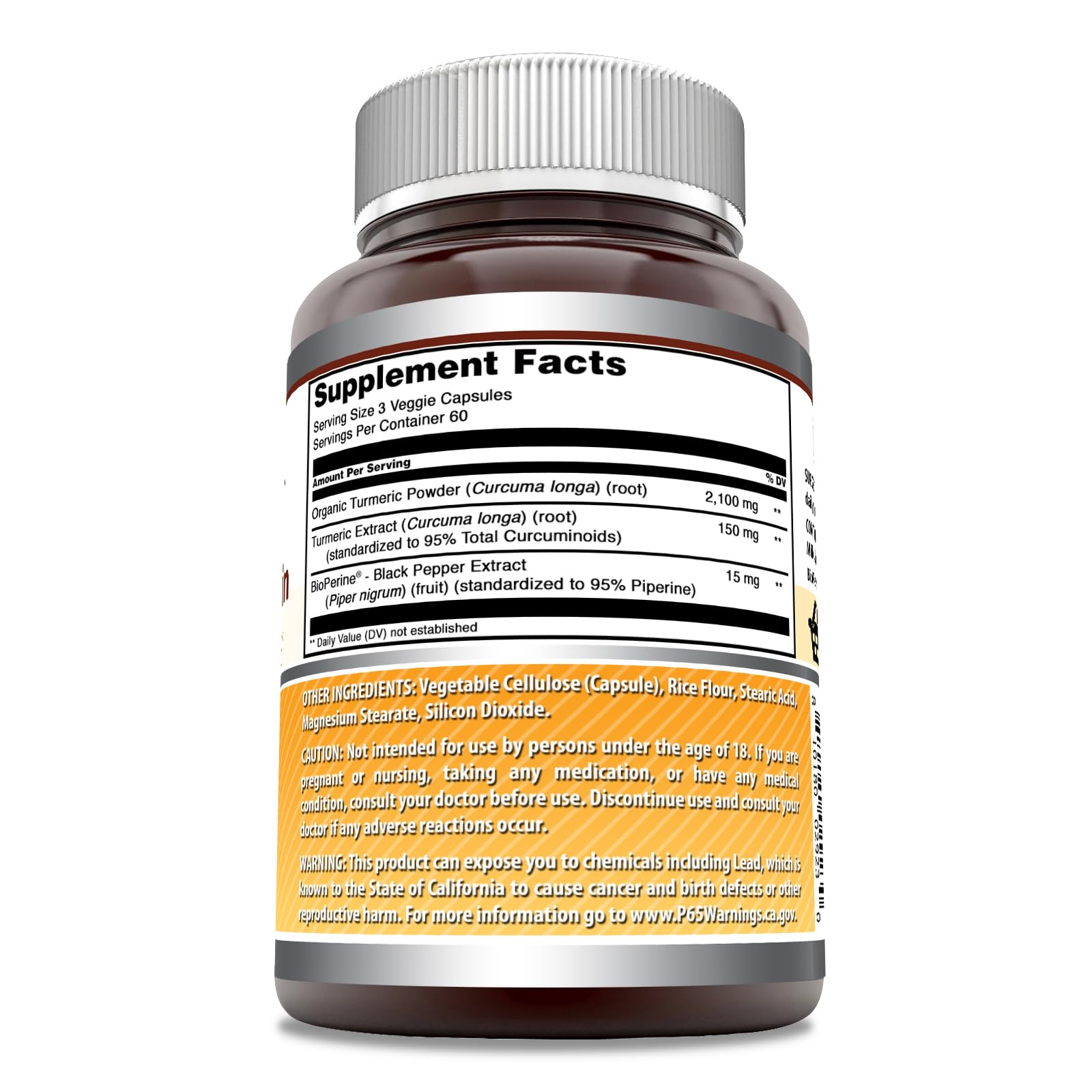 Bouteille Amazing Nutrition Curcumine Bioperine avec 180 gélules prête à l’emploi.