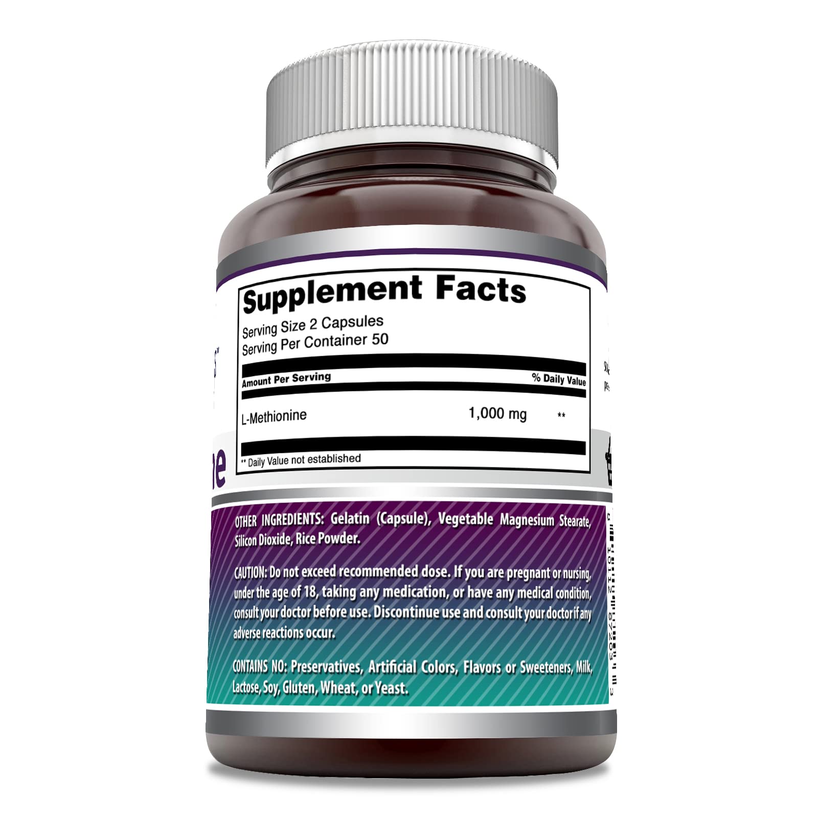 Étiquette L-Méthionine d'Amazing Nutrition avec informations de pureté.