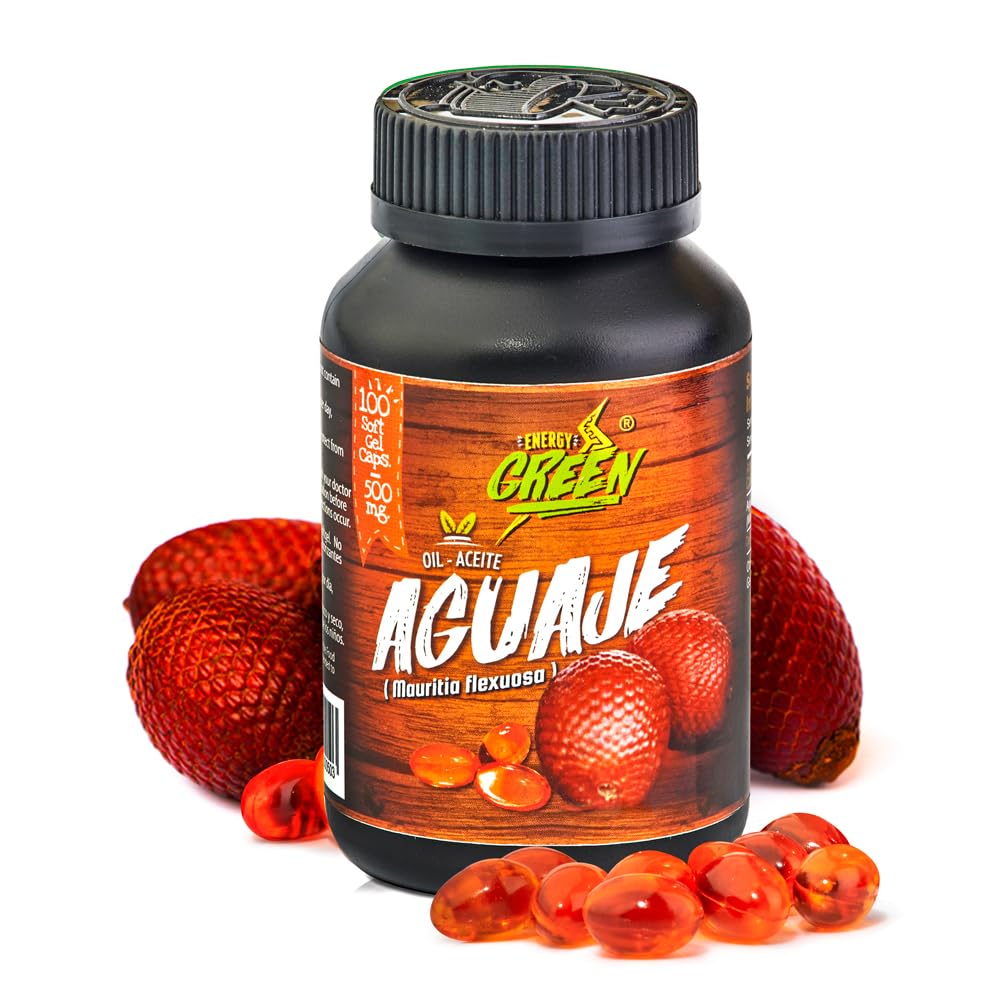 Aguaje Oil Amazon Andes, capsules gélules visibles dans la bouteille, soutien potentiel au bien-être