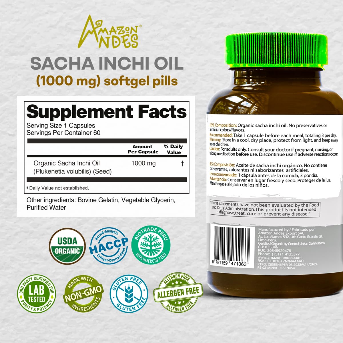 Gélules Sacha Inchi Amazon Andes, dosage 1000 mg par gélule.
