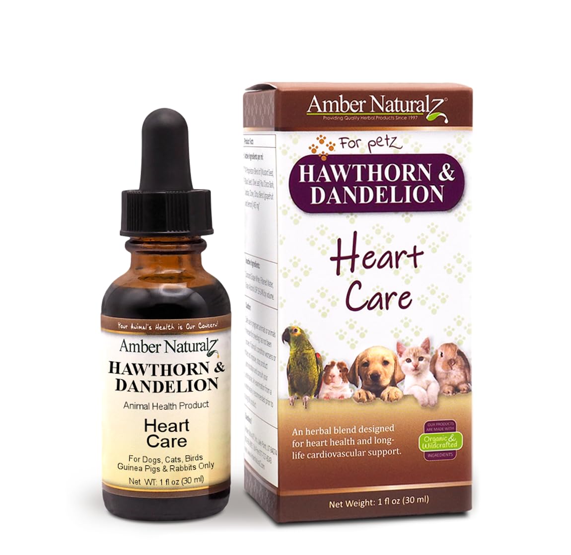 Amber NaturalZ Hawthorn-Dandelion: bouteille montrant le soin cardiaque des animaux.