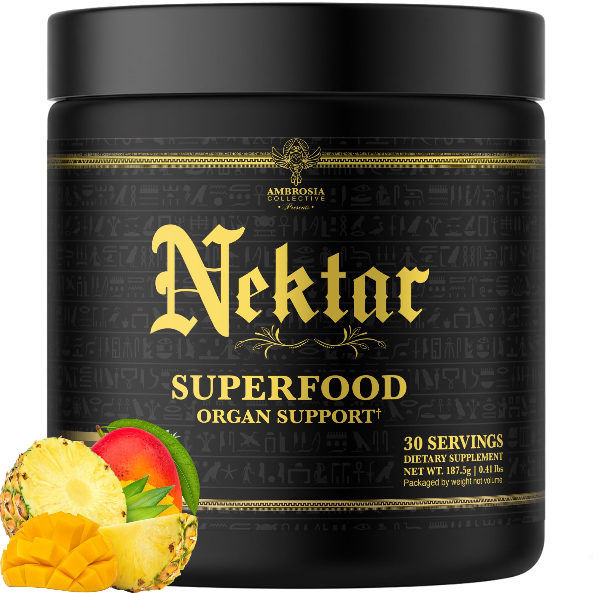 Ambrosia Nektar - bouteille montrant le complément quotidien pour énergie et immunité.