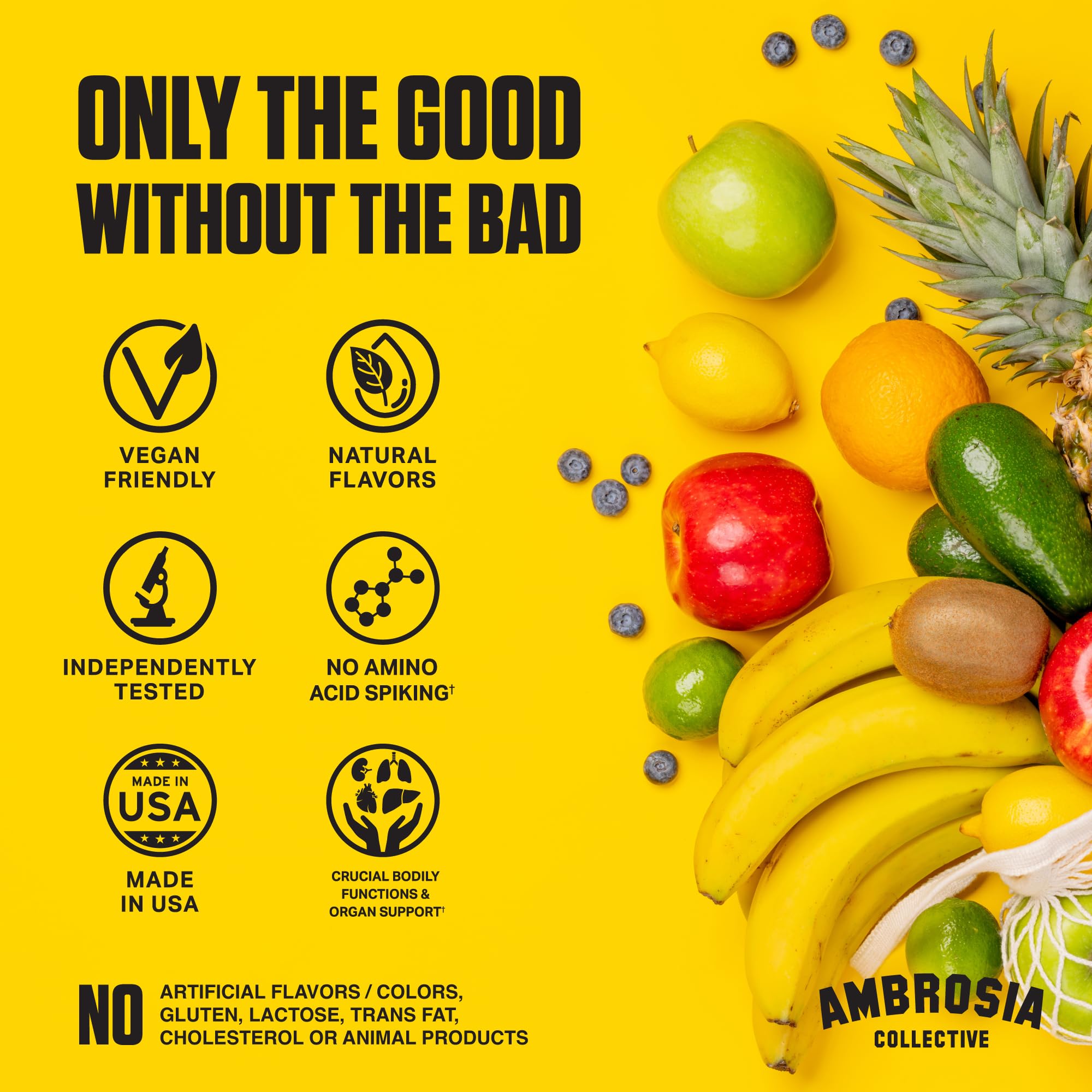 Ambrosia Nektar - étiquette fraîche indiquant 13 super-aliments et saveur fruitée.