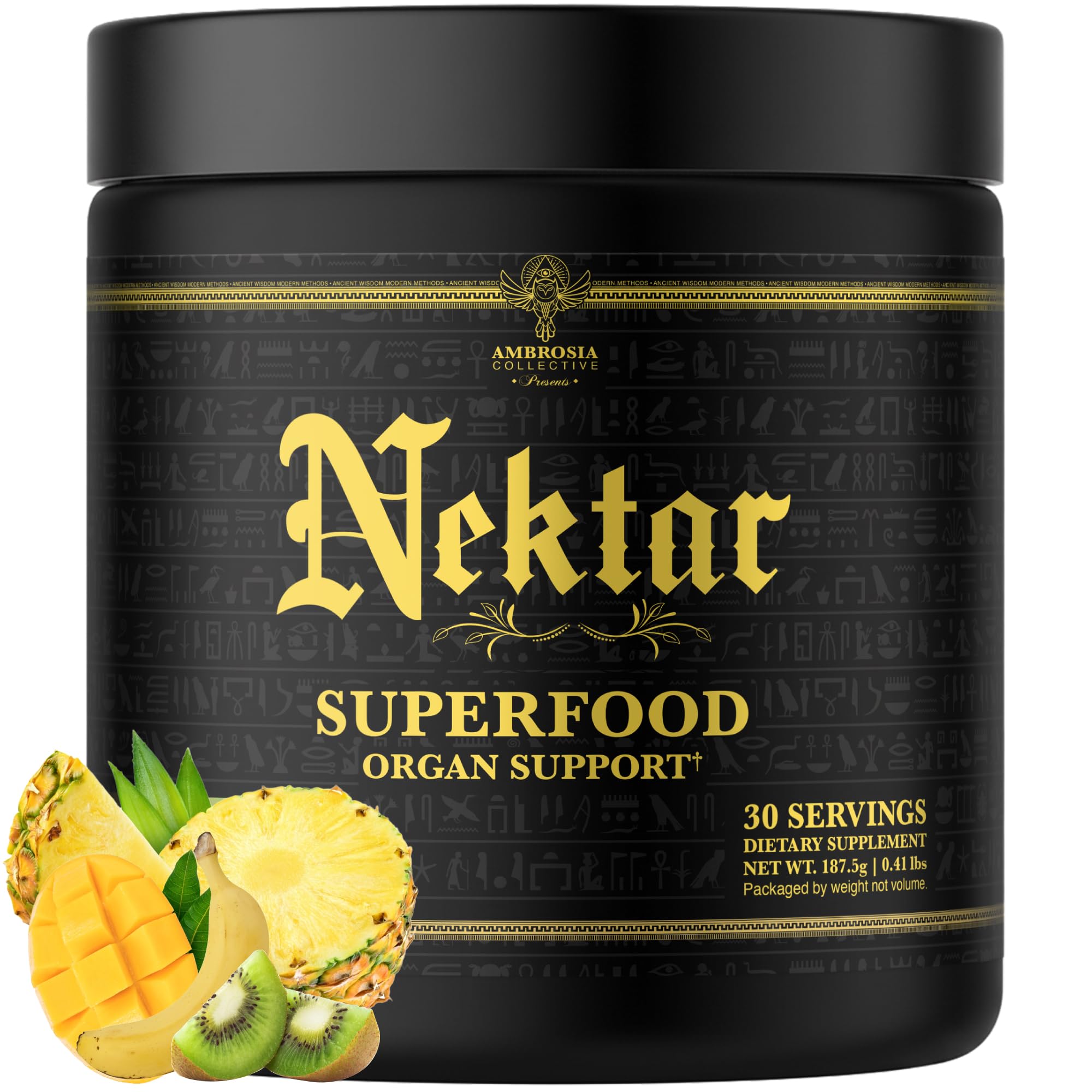 Ambrosia Nektar – bouteille montrant la poudre, soutien bien-être quotidien