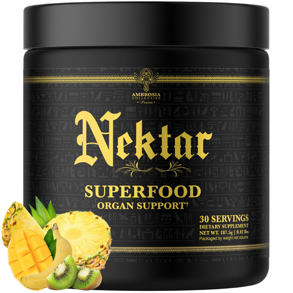 Ambrosia Nektar – bouteille montrant la poudre, soutien bien-être quotidien