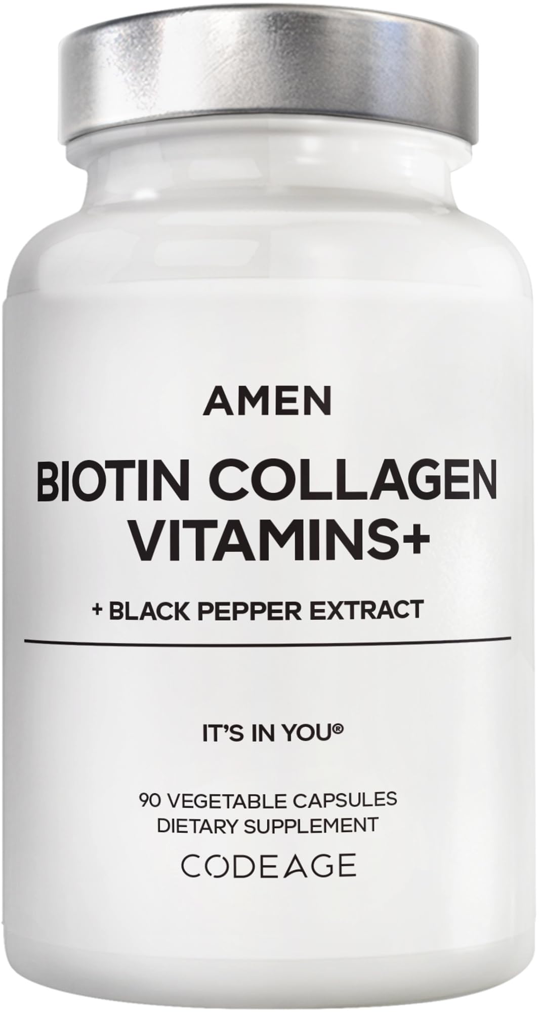 Amen Biotin Collagen: bouteille de 90 capsules pour soutenir cheveux et ongles.