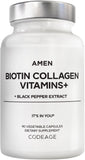 Amen Biotin Collagen: bouteille de 90 capsules pour soutenir cheveux et ongles.