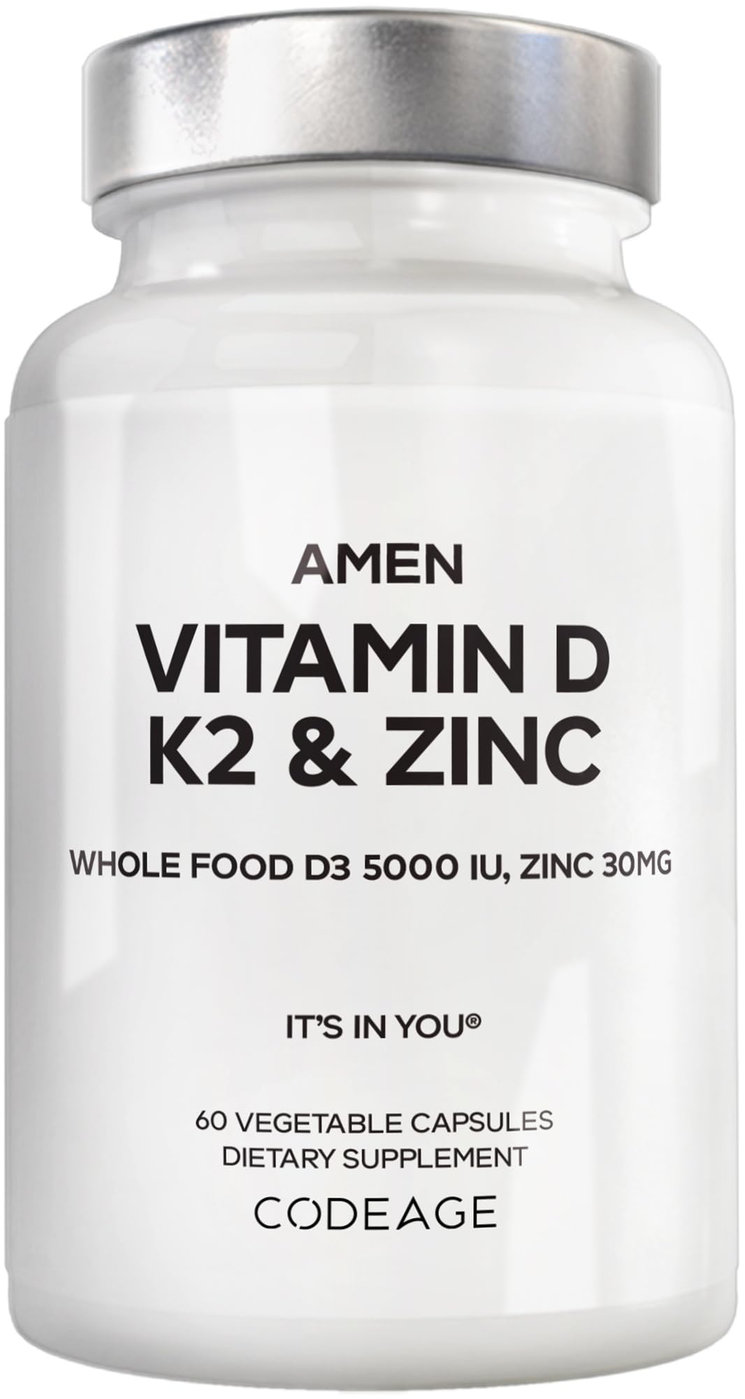 Amen D3 K2 Zinc — bouteille ouverte, apport quotidien pratique en vegan.