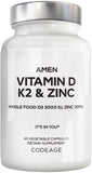 Amen D3 K2 Zinc — bouteille ouverte, apport quotidien pratique en vegan.