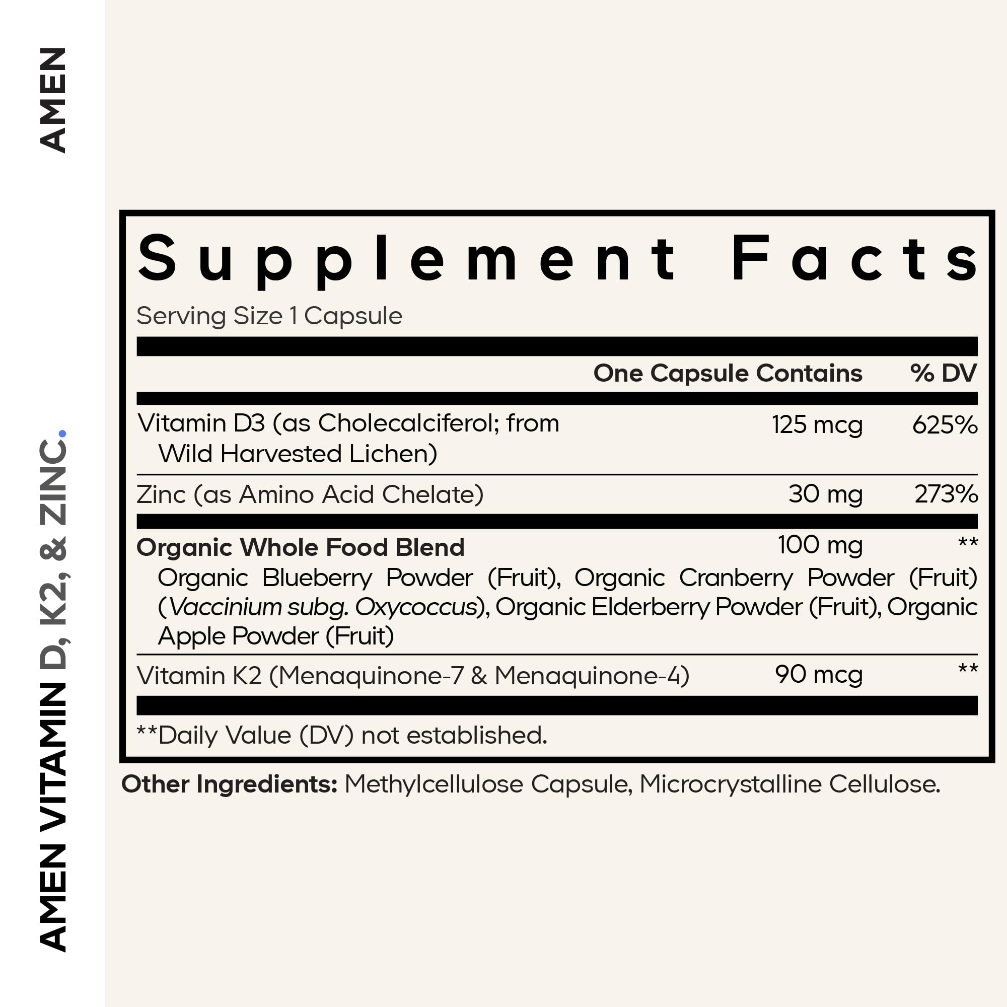 Amen D3 K2 Zinc — capsules visibles, formulation vegan et sans allergènes.