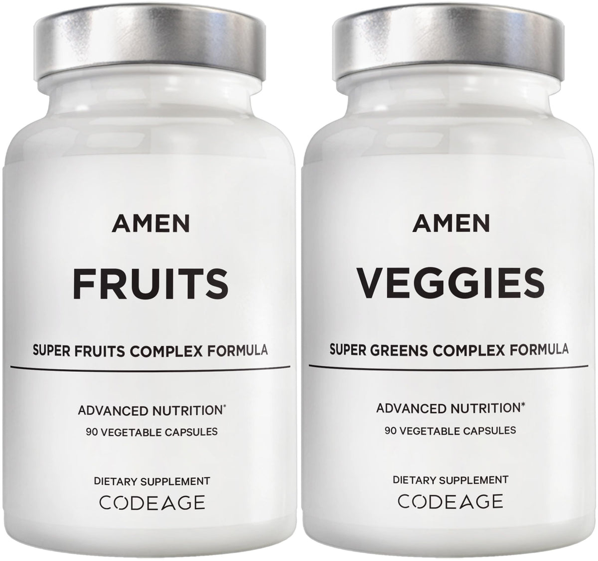 Amen Fruits + Veggies – bouteille montrant le mélange fruits et légumes pour une nutrition quotidienne
