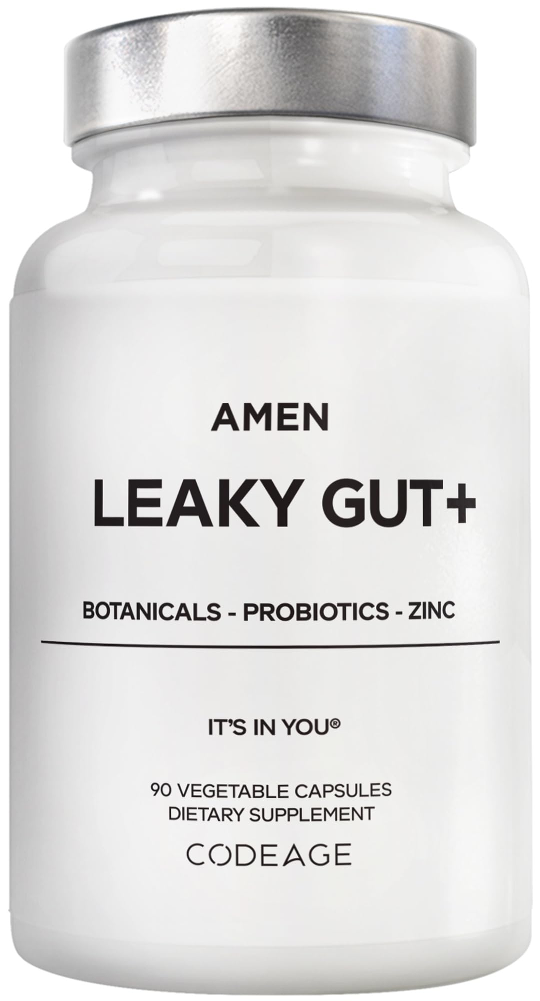 Amen Leaky Gut, bouteille de capsules pratique pour le soutien digestif potentiel.