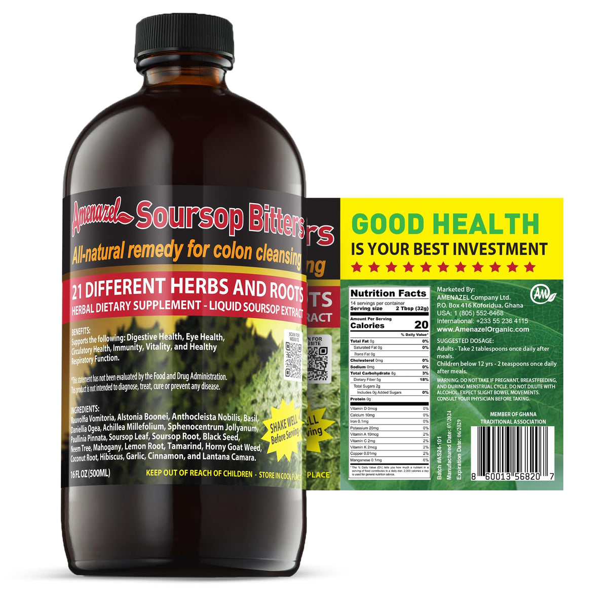 Amenazel Soursop Bitters, bouteille 16oz, aromatique et polyvalent pour vos boissons.