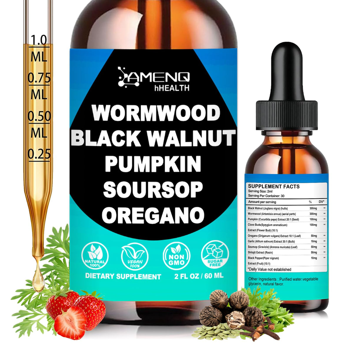 AMENQ hHEALTH gouttes Wormwood et Noix noire – soutien digestif quotidien possible.