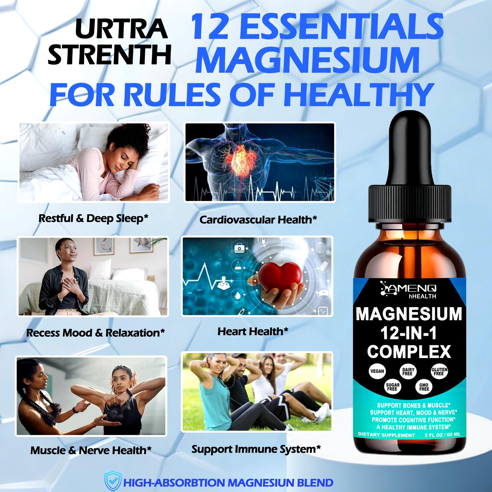 AMENQ hHEALTH Magnesium 12 en 1 – gouttes: absorption rapide dans votre routine quotidienne.