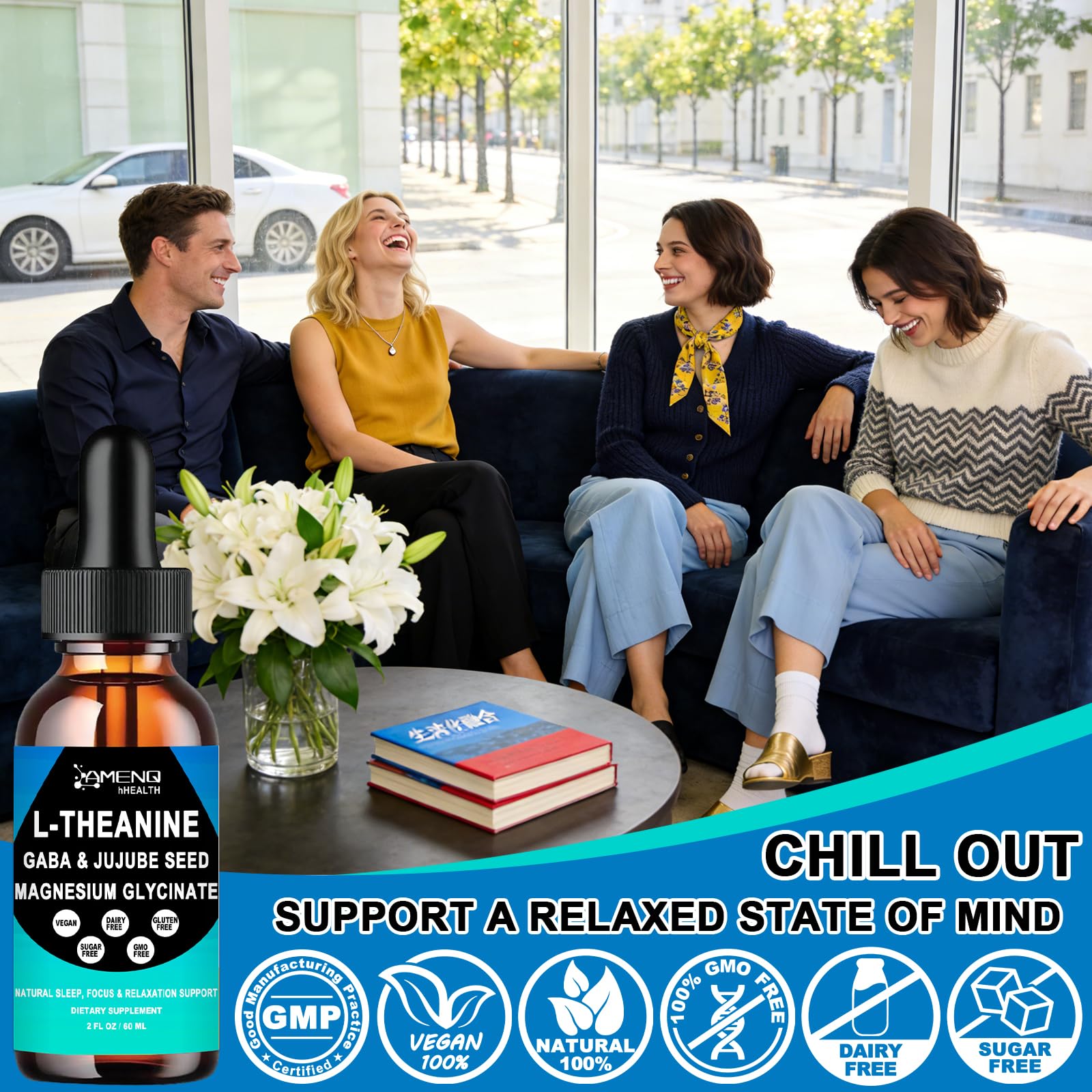 AMENQ hHEALTH L-Theanine – peut être mélangé dans thé ou jus pour plus de praticité.