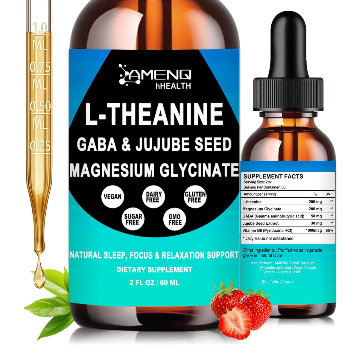 AMENQ hHEALTH L-Theanine Liquide – bouteille pratique pour absorption rapide et calme.