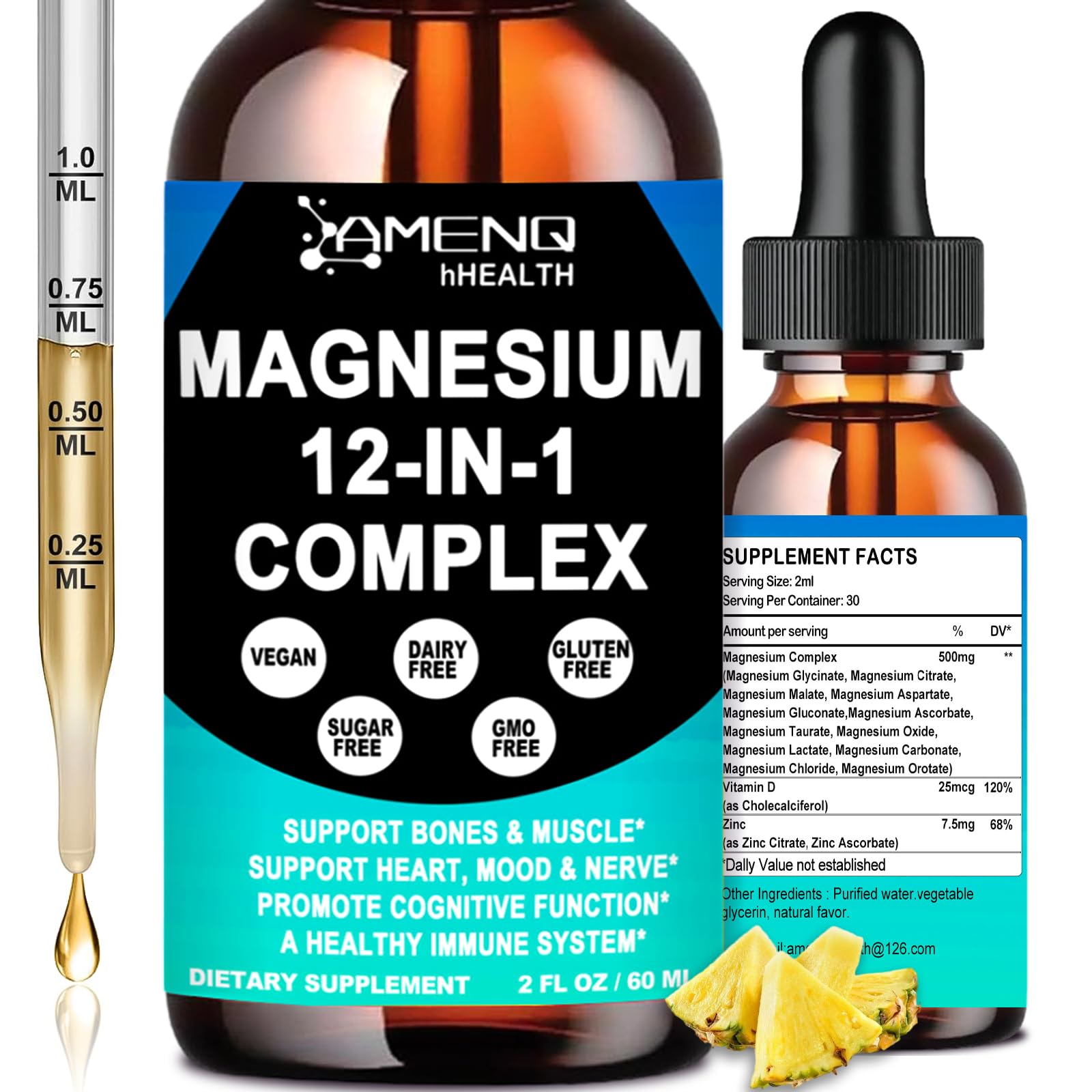 AMENQ hHEALTH Magnesium 12 en 1 – flacon: absorption rapide et dosage pratique.