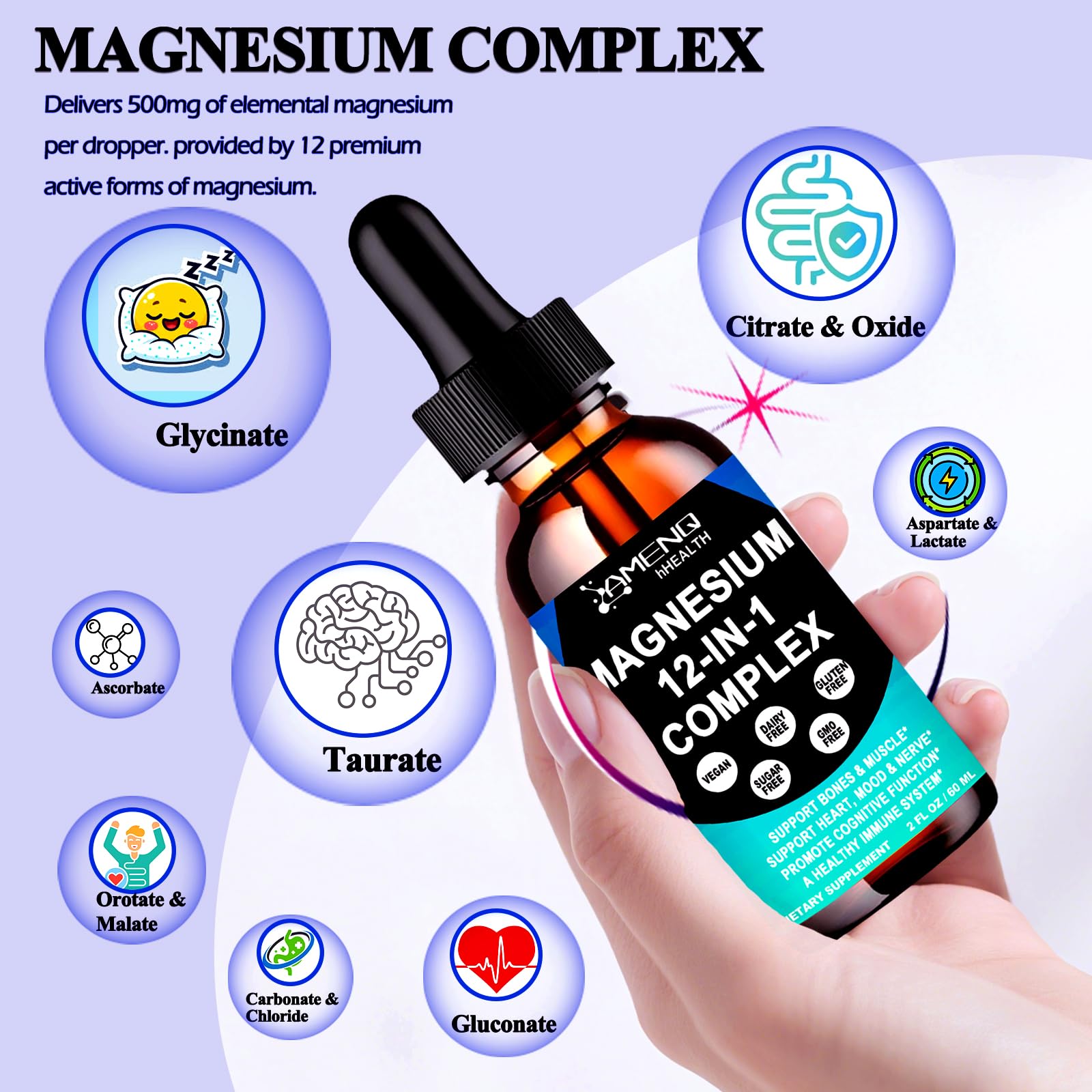 AMENQ hHEALTH Magnesium 12 en 1 – gouttes: soutien possible du sommeil et du bien-être.