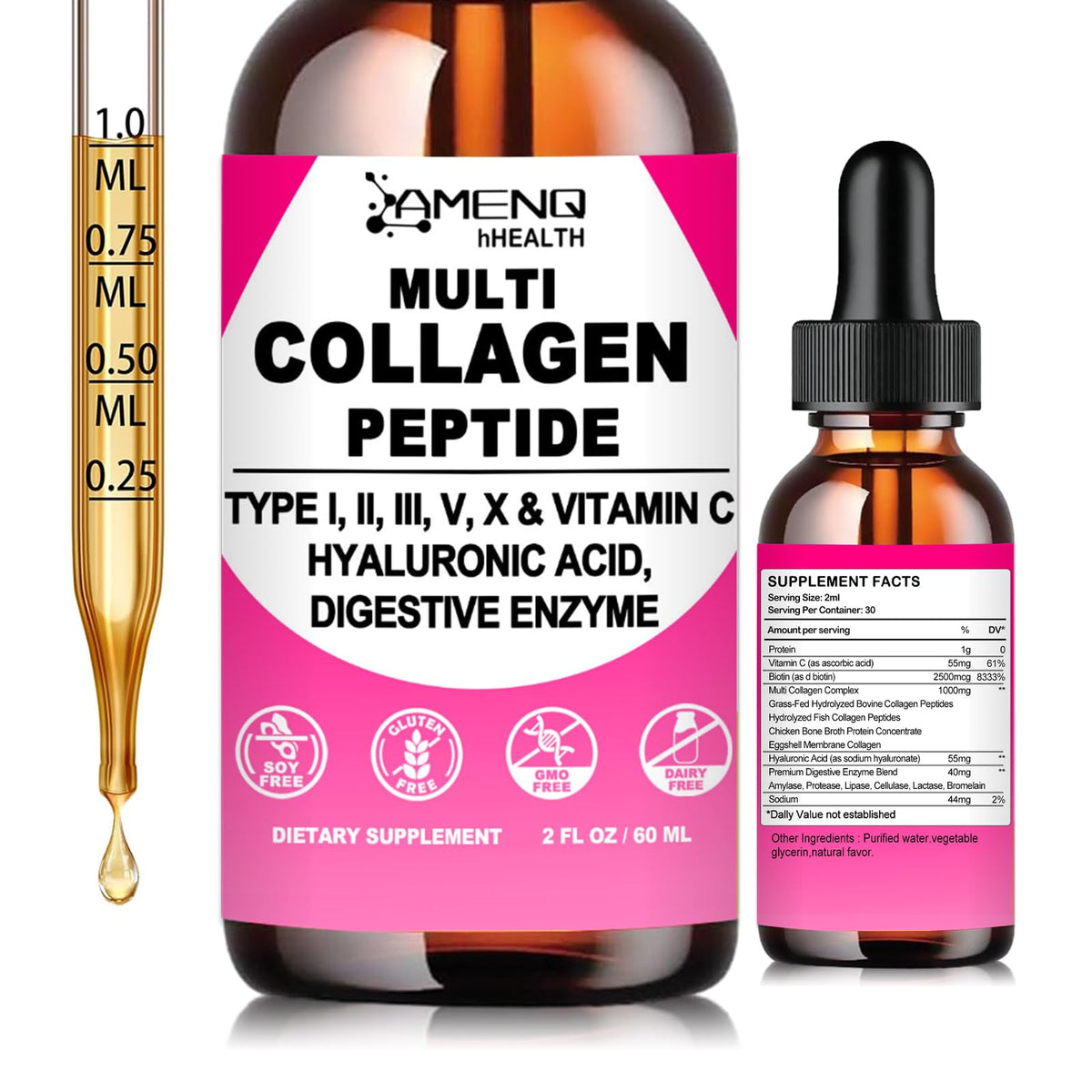 AMENQ hHEALTH Multi Collagen Drops: bouteille, soutien potentiel de peau et apparence jeune