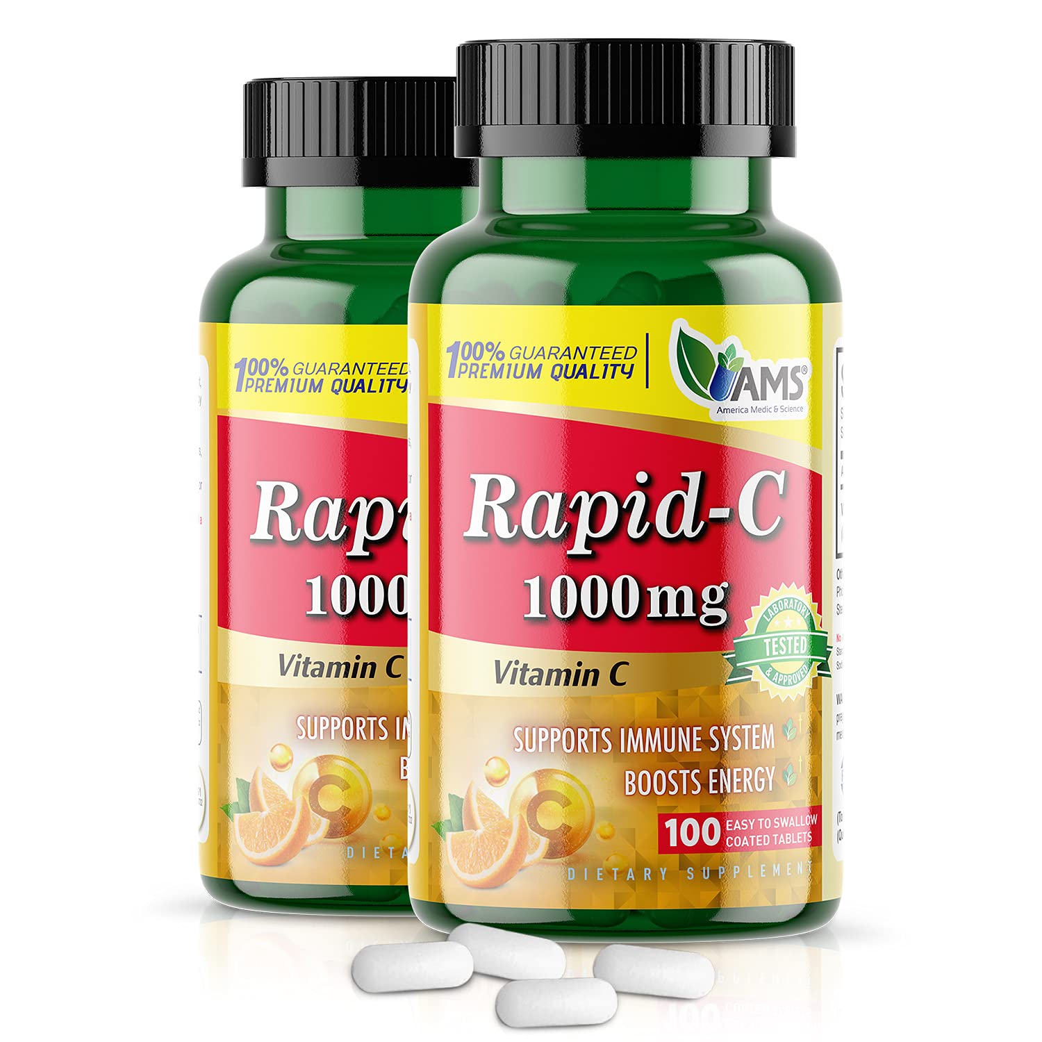 America Medic & Science Rapid-C, bouteille montrant 1000 mg de vitamine C pour l'immunité.
