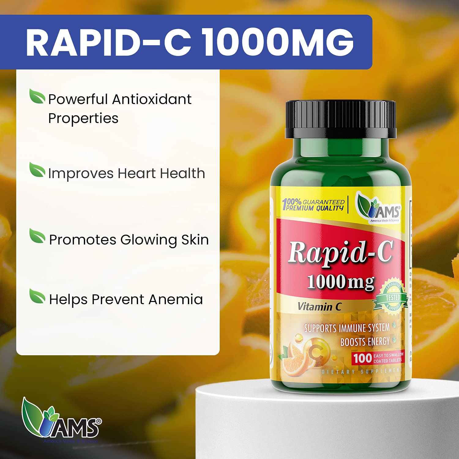 America Medic & Science Rapid-C, tablettes 1000 mg idéales pour l’énergie quotidienne.
