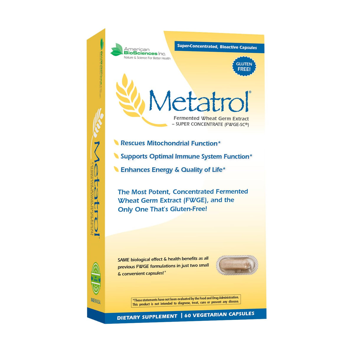 American BioSciences Metatrol, bouteille d'extrait de germe de blé fermenté, soutien potentiel immunitaire.