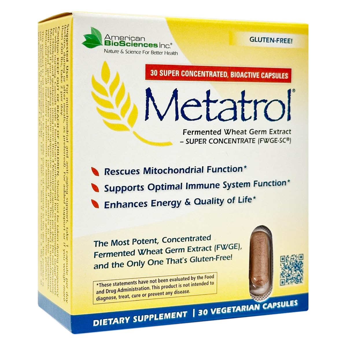 Metatrol American BioSciences: bouteille d'extrait de germe de blé fermenté pour énergie potentielle