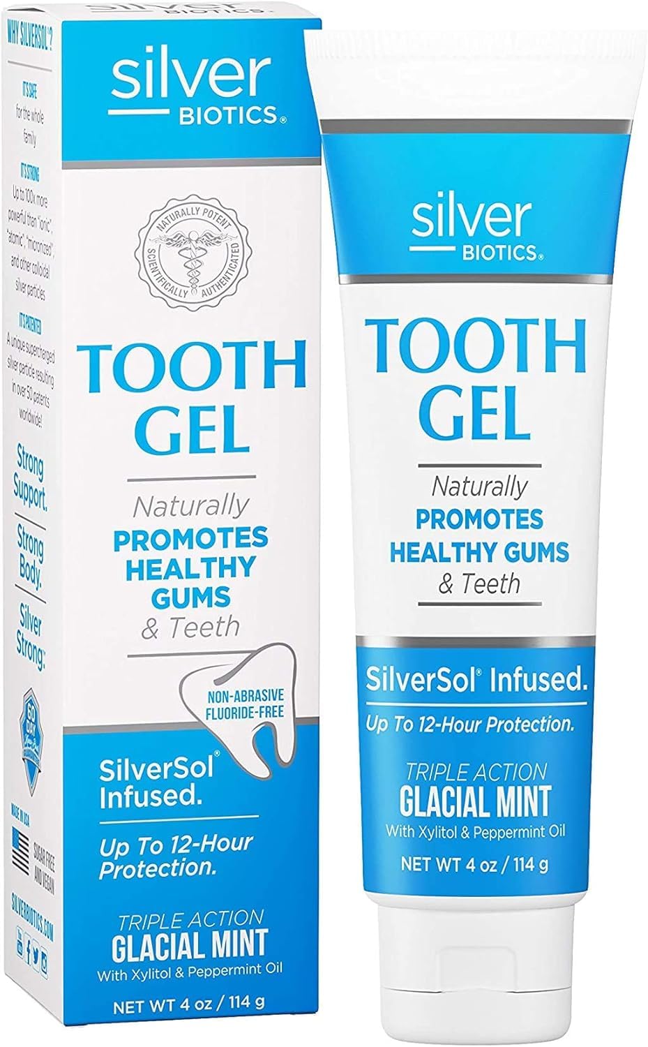 Gel dentaire SilverSol menthe glaciale, texture douce pour gencives sensibles.