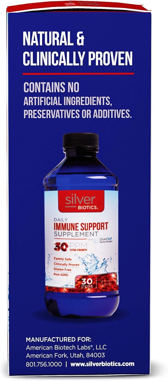 Flacon Silver Biotics posé sur un bureau moderne.