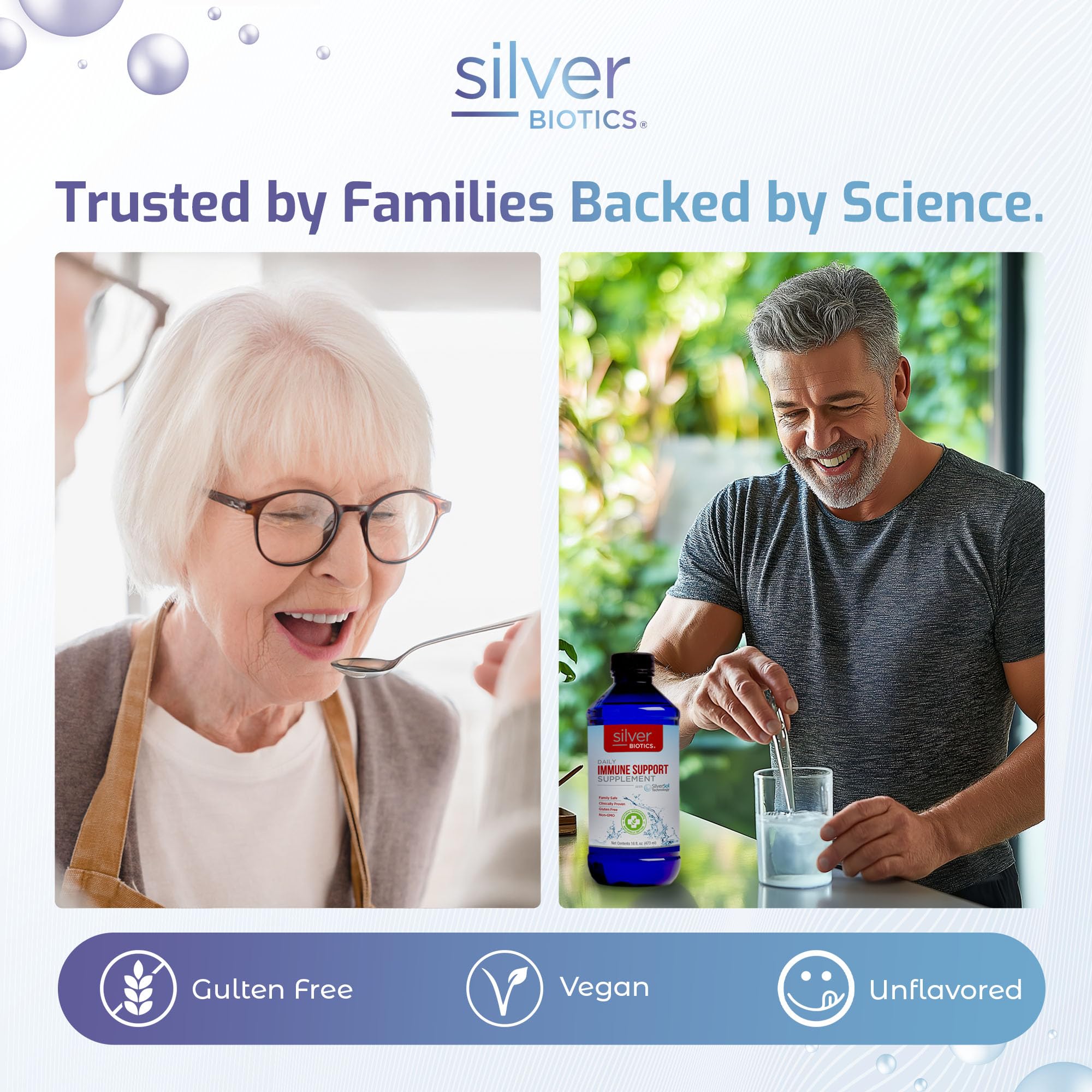 Étiquette Silver Biotics indiquant les ingrédients et l absence d additifs