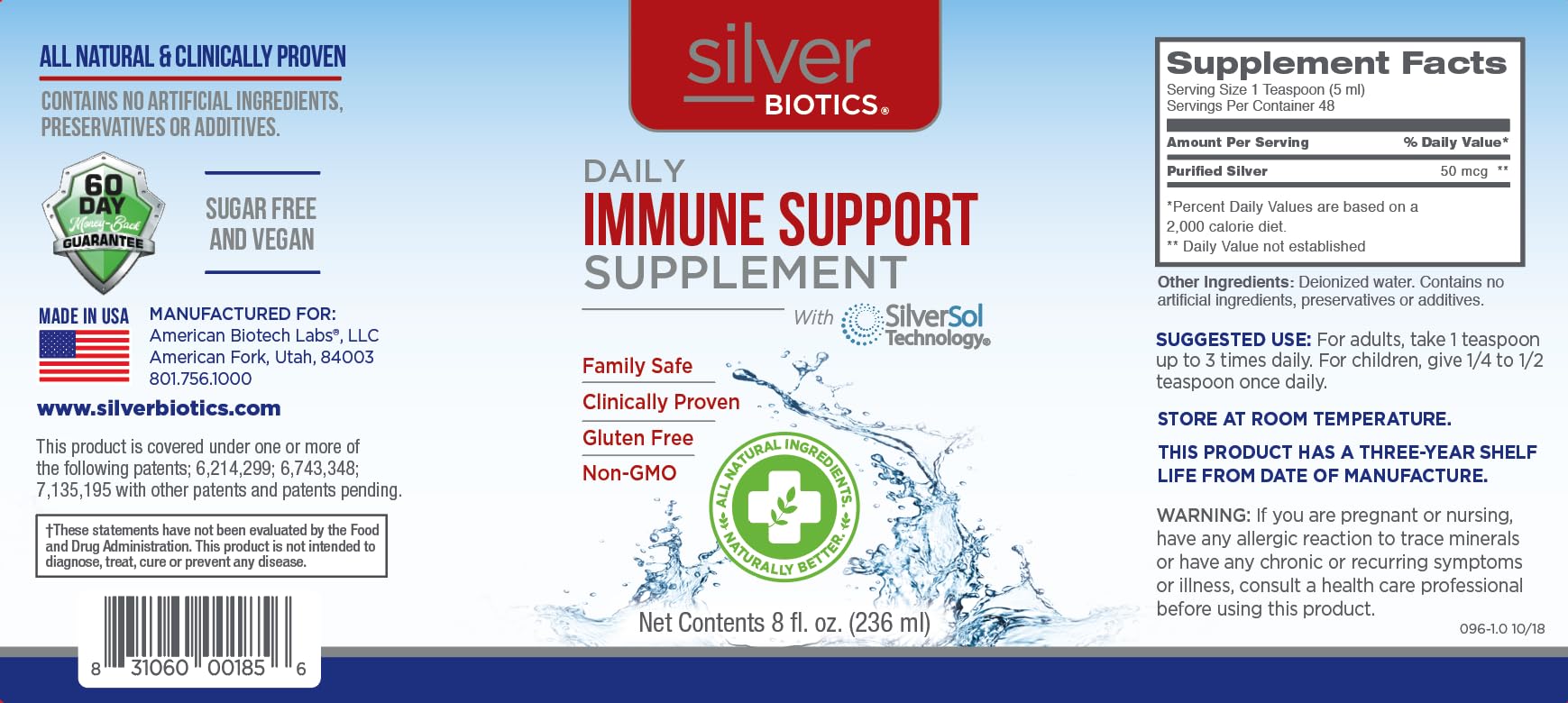 American Biotech Labs Silver Biotics, etiquette vegan sans gluten.