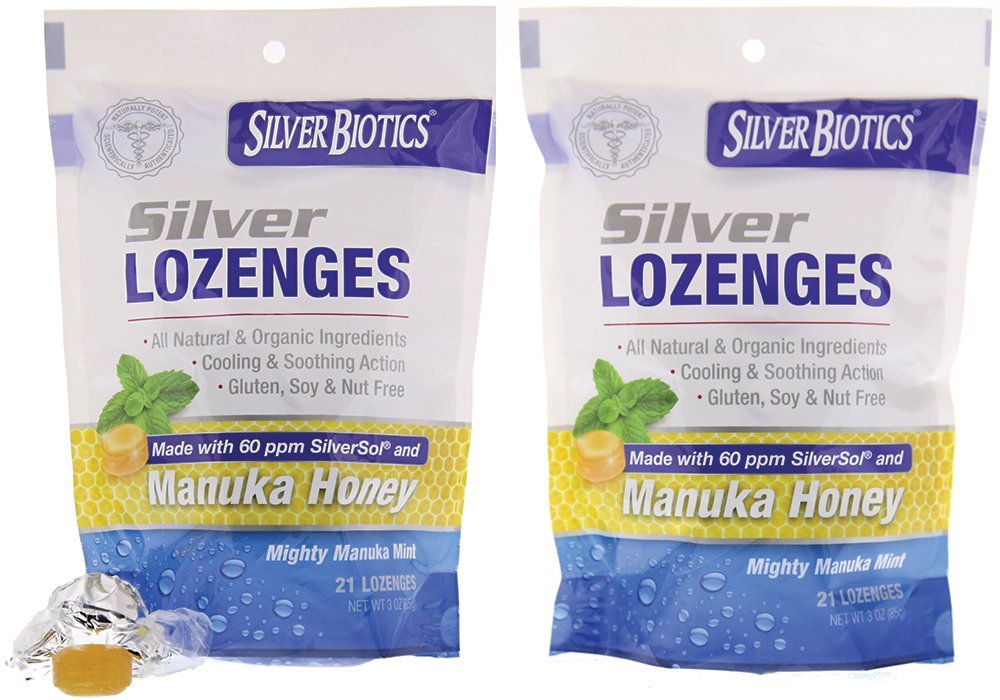 Pastilles Silver Biotics d’American Biotech Labs dans un emballage élégant pour la gorge apaisée.