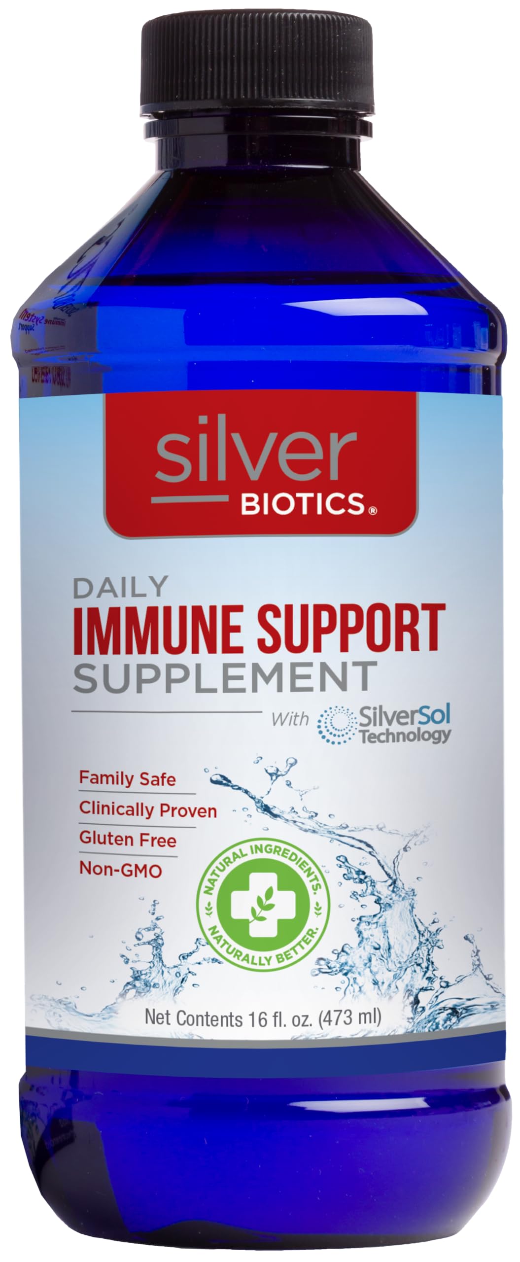 Bouteille SilverBiotics 10ppm montrant le dosage pour le soutien immunitaire.