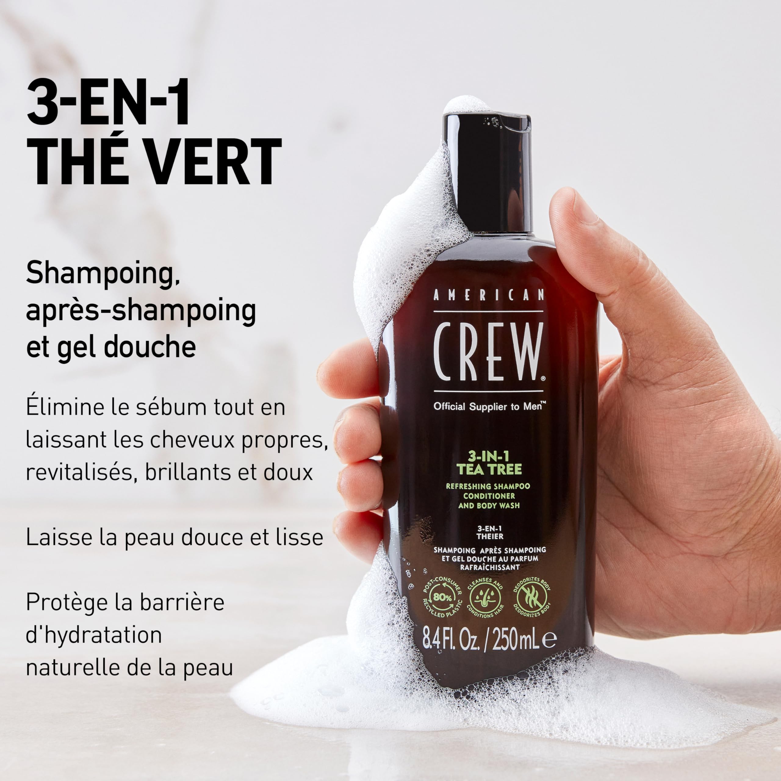 AMERICAN CREW arbre-a-the-1 3-en-1 mousse lavante pour cheveux et peau.
