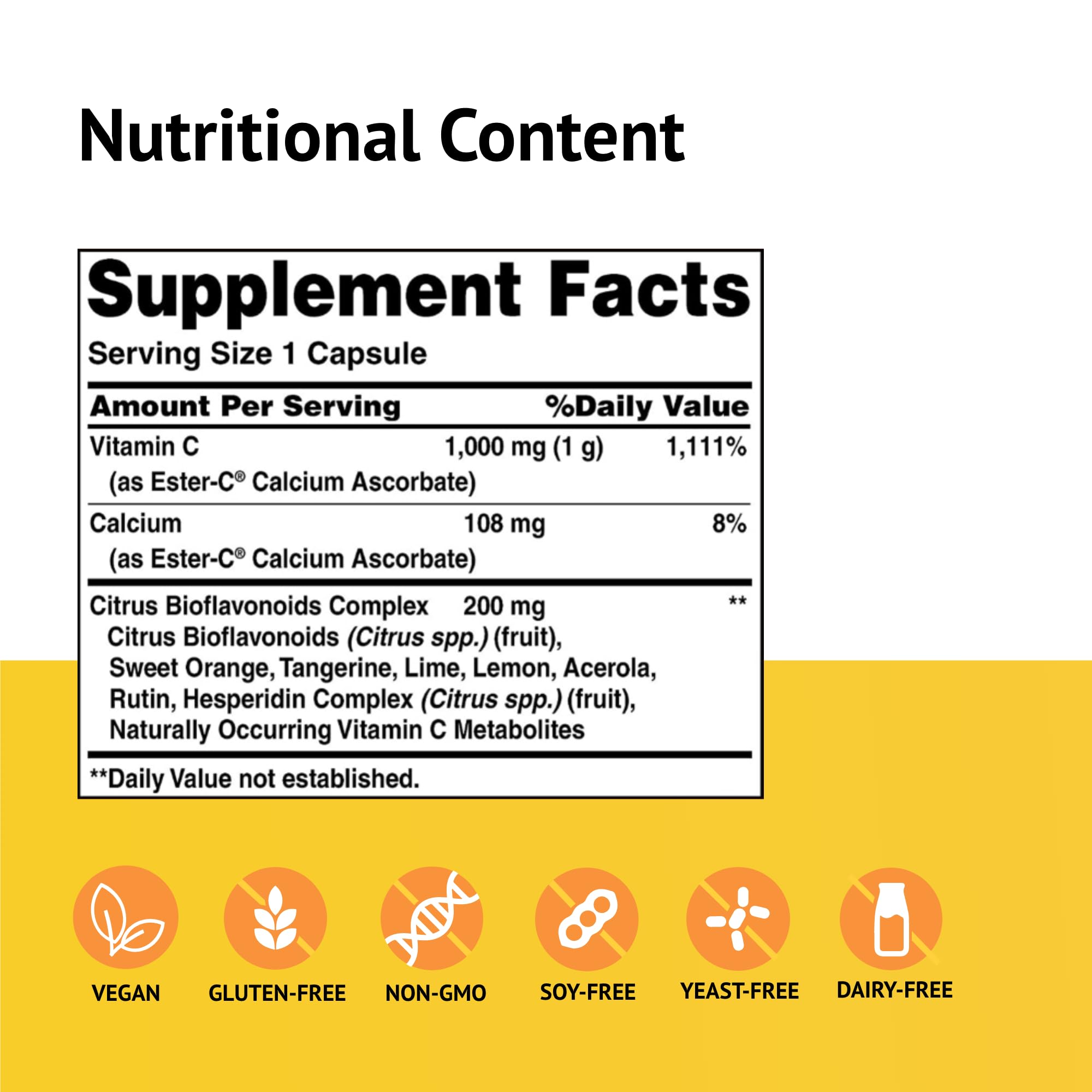 Capsules Ester-C 1000 mg avec bioflavonoïdes citrus pour un apport quotidien pratique.