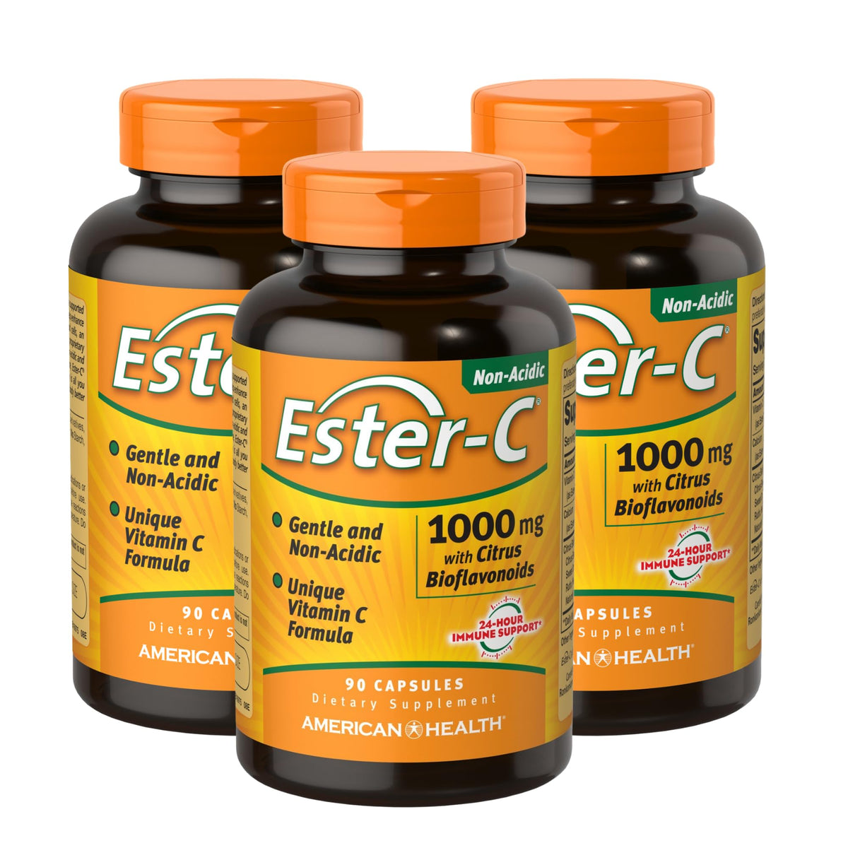 American Health Ester-C 1000 mg, bouteille trois flacons, capsules faciles à prendre au quotidien.