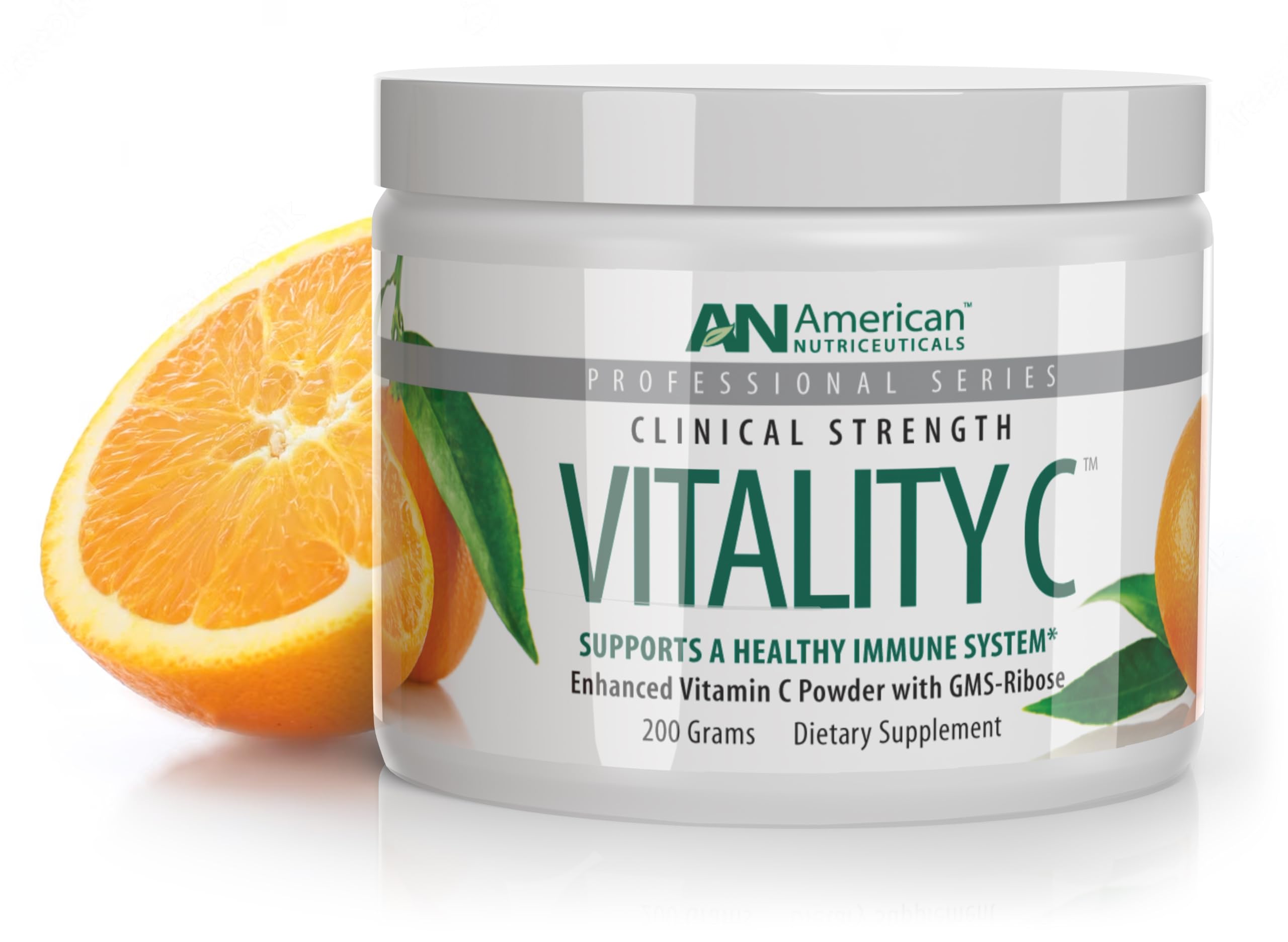 Poudre Vitamine C American Nutriceuticals dans la bouteille, pratique et facile à doser.